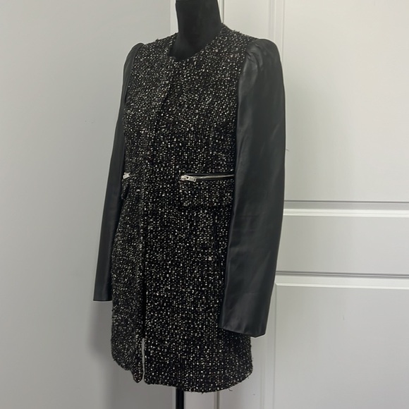Zara Woman Bouclé Black Leather Sleeved Fully lined Coat Jacket - Size X-Small - Picture 6 of 12